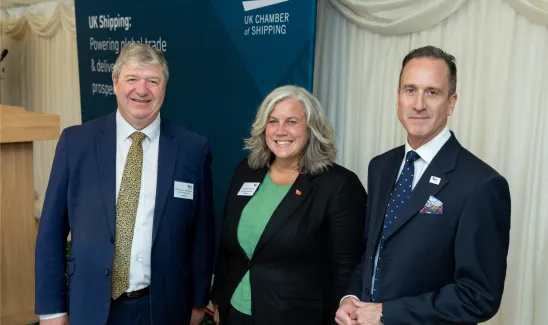 Image of Alistair Carmichael MP, the Secretary of State for Transport Heidi Alexander MP and Rhett Hatcher, CEO of the UK Chamber of Shipping at the UK Chamber of Shipping Parliamentary Reception
