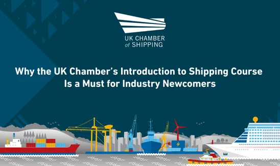 Why the UK Chamber’s Introduction to Shipping Course Is a Must for Industry Newcomers | Blue Background - triangle decorative design and graphic to represent all the parts of the shipping industry