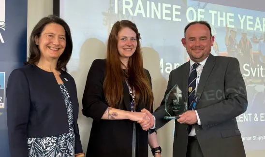 Mara receiving her award from UK Chamber of Shipping President Karrie Trauth and Captain Neil Atkinson MNM MSc CMMar FNI, Head of Fleetwood Nautical Campus. 