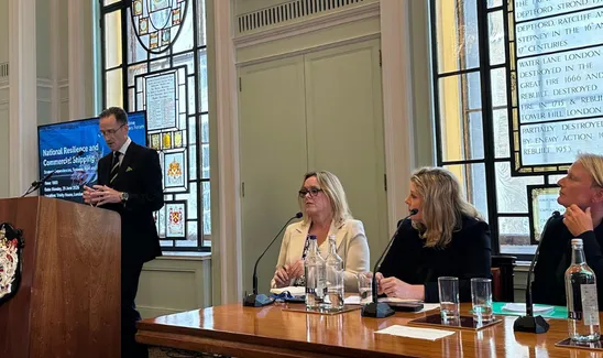 Rhett speaking, and his fellow panellists to the right hand side, at the Maritime Leaders Forum on 29 June