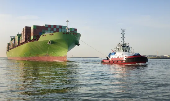 Tug pulling a cargo ship