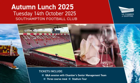 Autumn Lunch 2025 | Tuesday 14th October 2025 | Southampton Football Club | Chamber logo | Container ship, Southampton FC pitch, glasses and napkins, waves | Tickets include: Q&A sessions with Chamber's Senior Management Team, Three course meal, Stadium tour