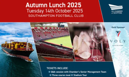 Autumn Lunch 2025 | Tuesday 14th October 2025 | Southampton Football Club | Chamber logo | Container ship, Southampton FC pitch, glasses and napkins, waves | Tickets include: Q&A sessions with Chamber's Senior Management Team, Three course meal, Stadium tour | Gold Sponsor Voly Crew Solutions