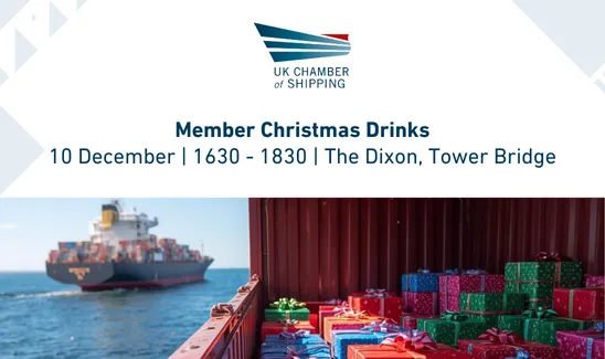Member Christmas Drinks | 10 December | 1630-1830 | The Dixon, Tower Bridge | Image of a container ship carrying wrapped Christmas presents made by AI